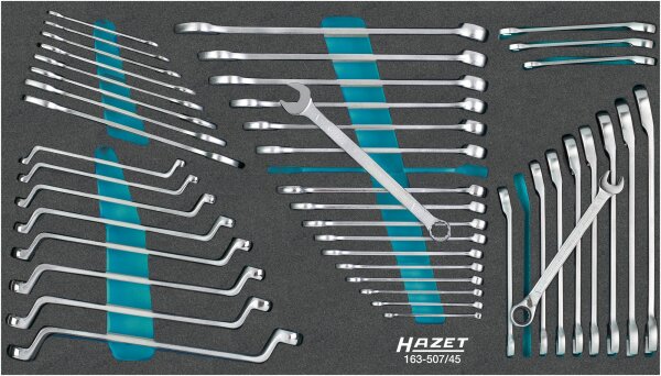 HAZET Schraubenschlüssel Satz 163-507/45 - Außen-Doppel-Sechskant-Tractionsprofil, Außen-Sechskant Profil - 6 x 7 – 21 x 22 - 6 – 24 - Anzahl Werkzeuge: 45