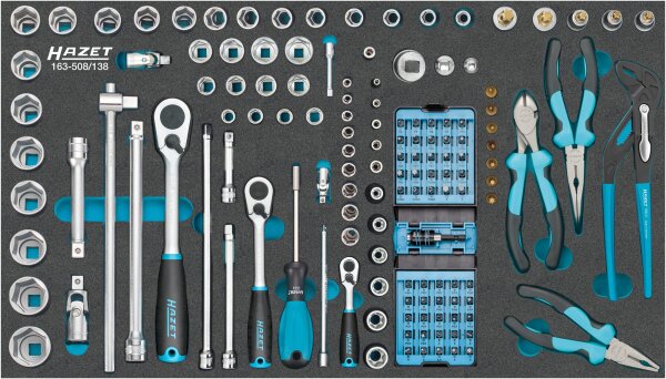 HAZET Steckschlüssel Satz 163-508/138 - Vierkant6,3 mm (1/4 Zoll), Vierkant12,5 mm (1/2 Zoll), Sechskant6,3 (1/4 Zoll) - Außen-Sechskant-Tractionsprofil, Innen-Sechskant Profil, Schlitz Profil, Kreuzschlitz Profil PH, Pozidriv Profil PZ, Innen TORX® Profi