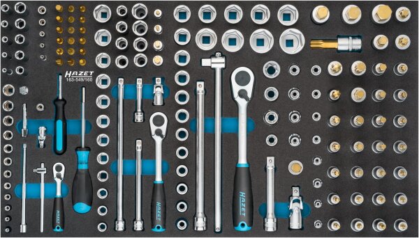 HAZET Steckschlüssel Satz 163-549/160 - Vierkant6,3 mm (1/4 Zoll), Vierkant10 mm (3/8 Zoll), Vierkant12,5 mm (1/2 Zoll), Sechskant6,3 (1/4 Zoll) - Außen-Sechskant-Tractionsprofil, Außen TORX® Profil, Innen TORX® Profil, Innen Vielzahn Profil XZN, Innen-Se