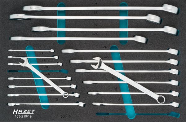HAZET Ring-Maulschlüssel Satz 163-210/19 - Außen-Doppel-Sechskant-Tractionsprofil - 8 – 34 - Anzahl Werkzeuge: 19