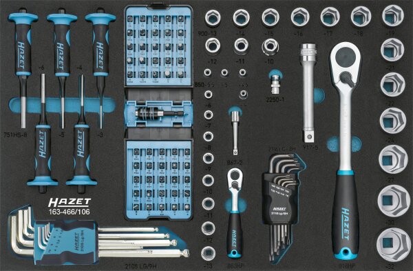 HAZET Werkzeug Satz 163-466/106 - Vierkant6,3 mm (1/4 Zoll), Vierkant12,5 mm (1/2 Zoll), Sechskant6,3 (1/4 Zoll) - Außen-Sechskant-Tractionsprofil, Innen-Sechskant Profil, Innen TORX® Profil, Tamper Resistant TORX® Profil, Schlitz Profil, Kreuzschlitz Pro