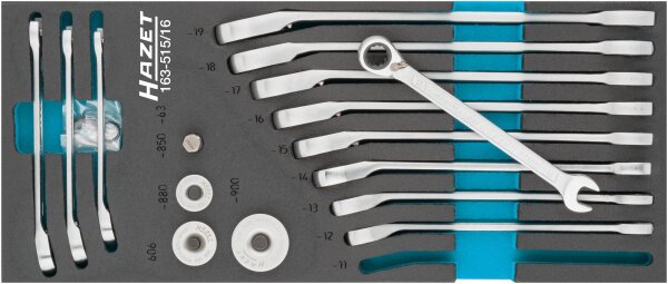 HAZET Knarren Ring-Maulschlüssel Satz 163-515/16 - Außen-Doppel-Sechskant-Tractionsprofil - 8 – 19 - Anzahl Werkzeuge: 16