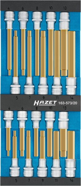 HAZET Schraubendreher-Steckschlüsseleinsatz Satz 163-573/20 - Vierkant12,5 mm (1/2 Zoll) - Innen-Sechskant Profil - 4 – 14 - Anzahl Werkzeuge: 20