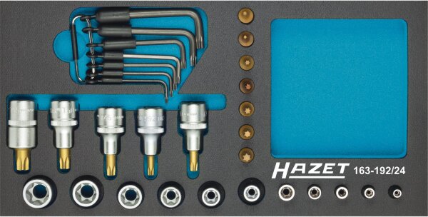 HAZET Steckschlüsseleinsatz Satz TORX® 163-192/24 - Vierkant12,5 mm (1/2 Zoll), Vierkant6,3 mm (1/4 Zoll) - Außen TORX® Profil, Innen TORX® Profil - Anzahl Werkzeuge: 24