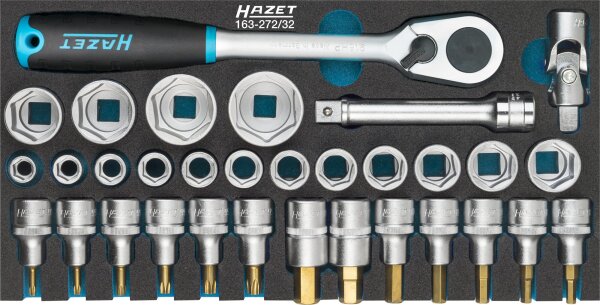 HAZET Steckschlüssel Satz 163-272/32 - Vierkant12,5 mm (1/2 Zoll) - Außen-Doppel-Sechskant-Tractionsprofil, Innen TORX® Profil, Innen-Sechskant Profil - Anzahl Werkzeuge: 32