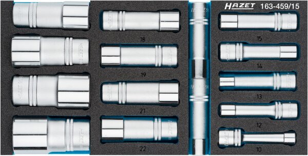 HAZET Steckschlüsseleinsatz Satz 163-459/15 - Vierkant12,5 mm (1/2 Zoll) - Außen-Sechskant-Tractionsprofil - 10 – 32 - Anzahl Werkzeuge: 15