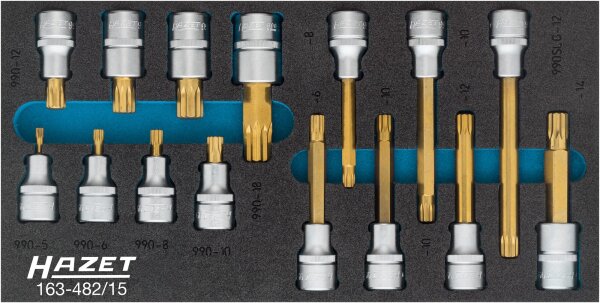 HAZET Schraubendreher-Steckschlüsseleinsatz Satz - XZN 163-482/15 - Vierkant12,5 mm (1/2 Zoll) - Innen Vielzahn Profil XZN - M5 – M12 - Anzahl Werkzeuge: 15