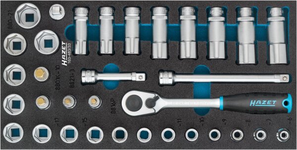 HAZET Steckschlüssel Satz - Innenvierkant 10 = 3?8? - 33-teilig 163-483/33 - Vierkant10 mm (3/8 Zoll) - Außen-Sechskant-Tractionsprofil, Innen-Sechskant Profil - Anzahl Werkzeuge: 33