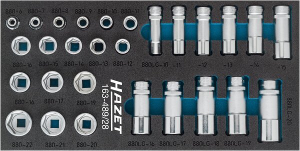 HAZET Steckschlüsseleinsatz Satz 163-489/28 - Vierkant10 mm (3/8 Zoll) - Außen-Sechskant-Tractionsprofil - 6 – 22 - Anzahl Werkzeuge: 28