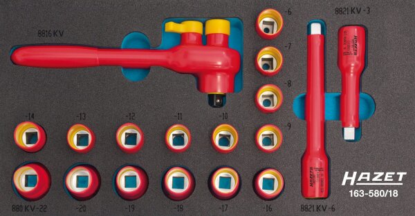 HAZET Steckschlüssel Satz - schutzisoliert 163-580/18 - Vierkant10 mm (3/8 Zoll) - Außen-Doppel-Sechskant-Tractionsprofil - 8 – 22 - Anzahl Werkzeuge: 18