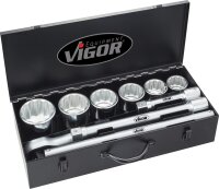 VIGOR Steckschlüssel Satz - V3278 - Vierkant25 mm (1 Zoll) - Außen-Doppel-Sechskant Profil - 50 – 80 - Anzahl Werkzeuge: 11