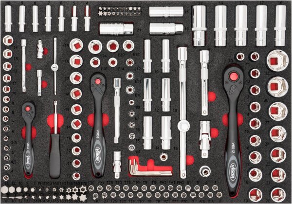 VIGOR Steckschlüssel-Werkzeug Satz - V4188 - Vierkant6,3 mm (1/4 Zoll), Vierkant10 mm (3/8 Zoll), Vierkant12,5 mm (1/2 Zoll), Sechskant6,3 (1/4 Zoll) - Außen TORX® Profil, Außen-Sechskant Profil, Innen TORX® Profil, Innen Vielzahn Profil XZN, Innen-Sechsk