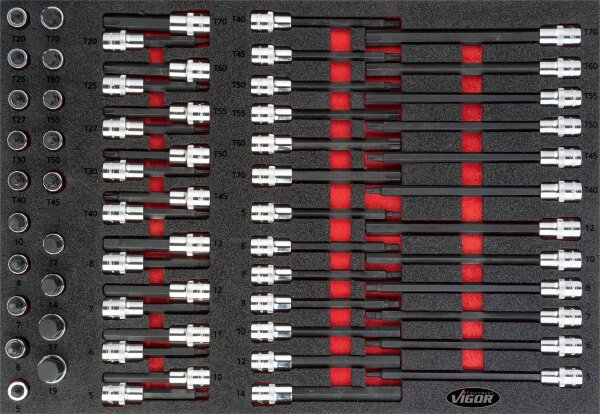 VIGOR Schraubendreher-Einsatz Satz - V4727 - Vierkant12,5 mm (1/2 Zoll) - Innen Keilprofil Ribe-CV, Innen TORX® Profil, Innen Vielzahn Profil XZN, Innen-Sechskant Profil - 5 – 19 · T20 – T70 - Anzahl Werkzeuge: 62