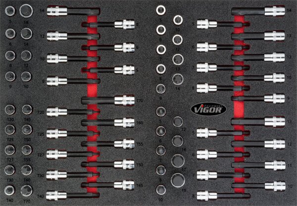 VIGOR Schraubendreher-Einsatz Satz - V4753 - Vierkant12,5 mm (1/2 Zoll) - Innen TORX® Profil, Innen-Sechskant Profil - 5 – 19 · M5 – M16 · T20 – T70 - Anzahl Werkzeuge: 70