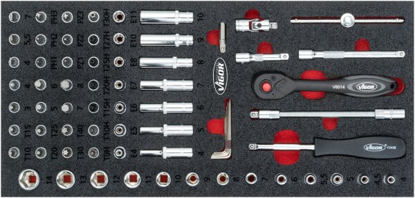 VIGOR Steckschlüssel-Werkzeug Satz - V4971 - Vierkant6,3 mm (1/4 Zoll) - Außen TORX® Profil, Außen-Sechskant Profil, Innen TORX® Profil, Innen-Sechskant Profil, Kreuzschlitz Profil PH, Pozidriv Profil PZ, Schlitz Profil, Tamper Resistant TORX® Profil - 0,