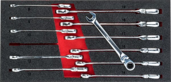 VIGOR Gelenk Ratschen Ring-Maulschlüssel Satz - V5077 - Außen-Sechskant Profil, Außen-Doppel-Sechskant Profil - 8 – 19 - Anzahl Werkzeuge: 12