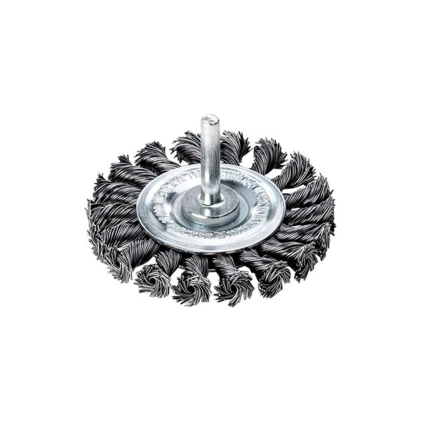 LESSMANN Zopf-Rundbürste mit 6 mm Schaft Drm 75 x 12 mm 18 Z mit Blume rechts gezopft Stahldraht STH glatt 0,50 mm 417198