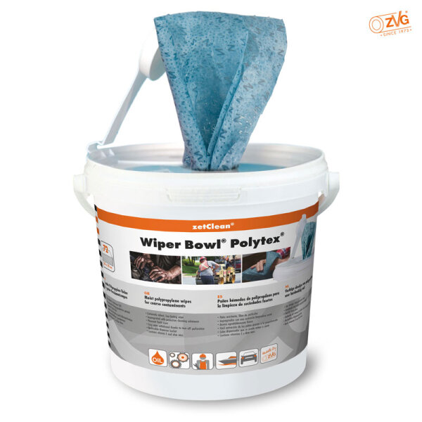 ZVG zetClean® – Wiper Bowl® Polytex® feuchte Reinigungstücher im Spendereimer 72 Stück 25x25 cm, 100 % Polypropylen (50130-001)